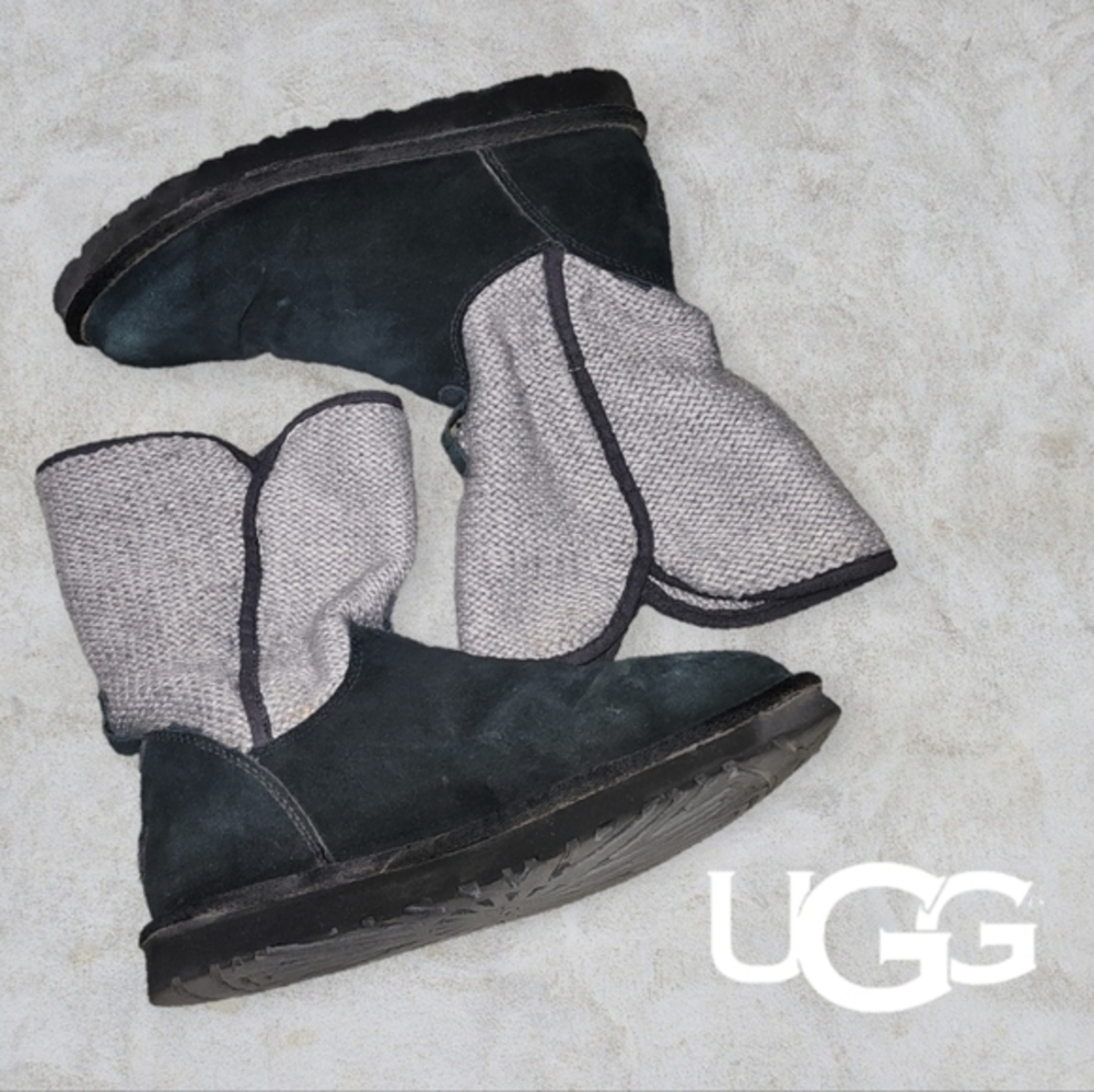 UGG Womens Knit Suede Shearling Winter Boots Black Grey‎ 8-8.5